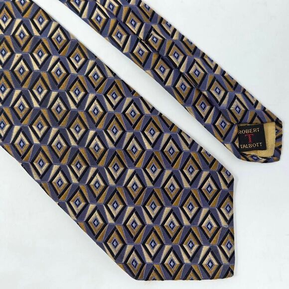 ROBERT TALBOTT BEST OF CLASS SILK TIE BLUE GOLD DIAMONDS TEXTURED 3.75" X 58" - Picture 1 of 2